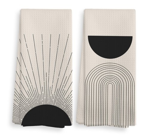Black Boho Sun Sunray Geometric Arch Semi Circle Kitchen Towels and Dishcloths Set of 2, Absorbent Drying Cloth Hand Towels Tea Towels for Bathroom Kitchen, Gifts for Women Girls, 1624 inches