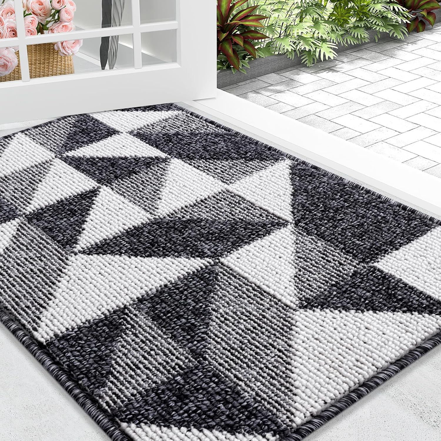 OLANLY Indoor/Outdoor Door Mat Set - Black Geometric Design | 2 Pieces (29.5x17 in & 32x20 in)