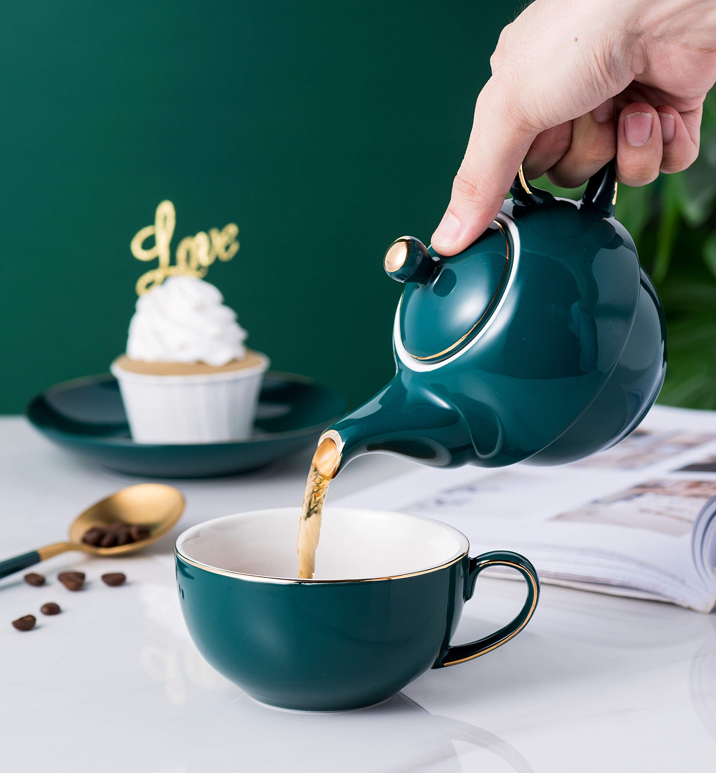 Jusalpha Ceramic Tea Set for One- Dark Turquoise Green Fine China 16 OZ Teapot- Tea cup- Saucer Set, Tea-for-One set #08