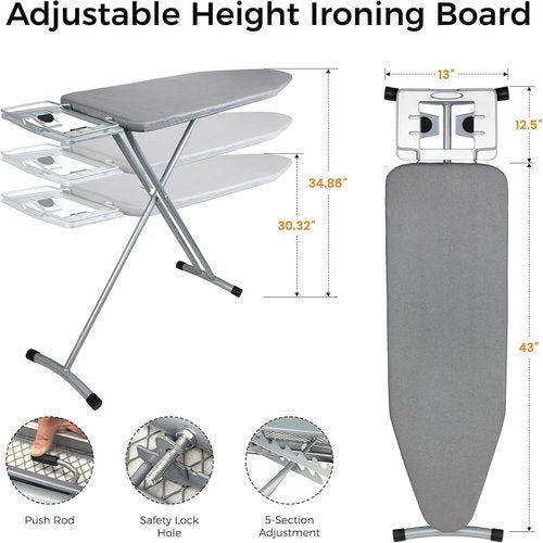 Hvygss Height-Adjustable Ironing Board - Foldable Heavy-Duty Design with Steam Stand | Grey, 43x13 Inches