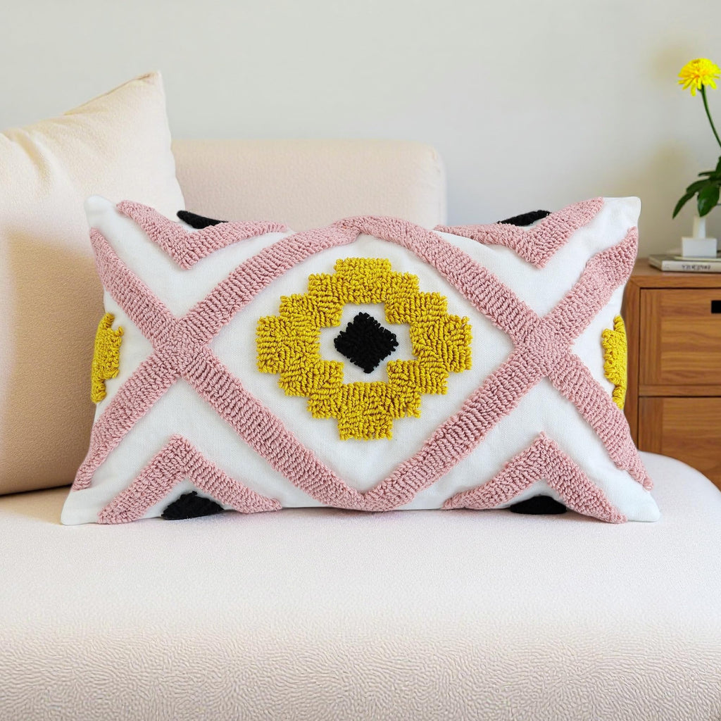 QoBexim Boho Accent Lumbar Pillow Covers 12x20 - Tufted Abstract Modern Throw Pillow Covers, Farmhouse Decorative Pillowcase for Couch, Sofa, Bed, Living Room -Pink Black Orange Geometric