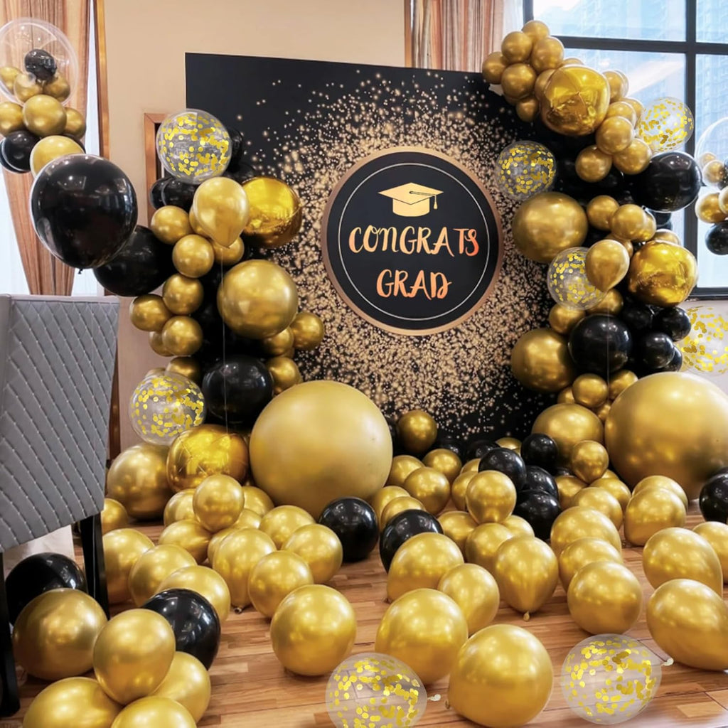 Skiennix 100pcs Black and Gold Balloons - 12 Inch Metallic Latex for Birthday & Graduation Celebrations