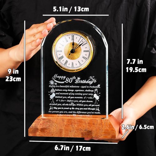 Arikyrist 80th Birthday Glass Clock - Unique Keepsake Gift for Men & Women with Wooden Light Base