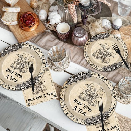 VorkiVecKi Fairytale Plates Party Decorations - 96 Pcs Once Upon a Time Tableware Paper Plate Set Napkins Forks Disposable, Floral Medieval Castle Party Supplies Decor for Birthday Wedding Serve 24