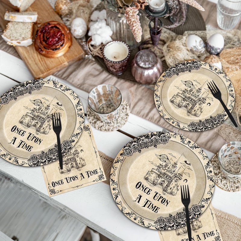 VorkiVecKi Fairytale Plates Party Decorations - 96 Pcs Once Upon a Time Tableware Paper Plate Set Napkins Forks Disposable, Floral Medieval Castle Party Supplies Decor for Birthday Wedding Serve 24