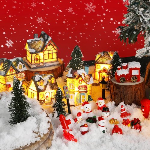 Liliful Christmas Village House Set - 46 Pcs Lighted LED Figurines for Holiday Decor | Rustic Desktop Ornaments