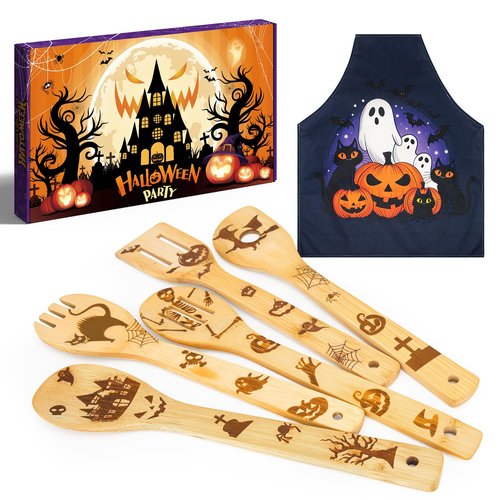 5 Pcs Halloween Kitchen Utensils Wooden Spoons Set-（with Aprons）Kitchen Cooking Utensils Set,Suitable for Home Halloween Kitchen Decor or Home Baking Championship-Gift-Ready