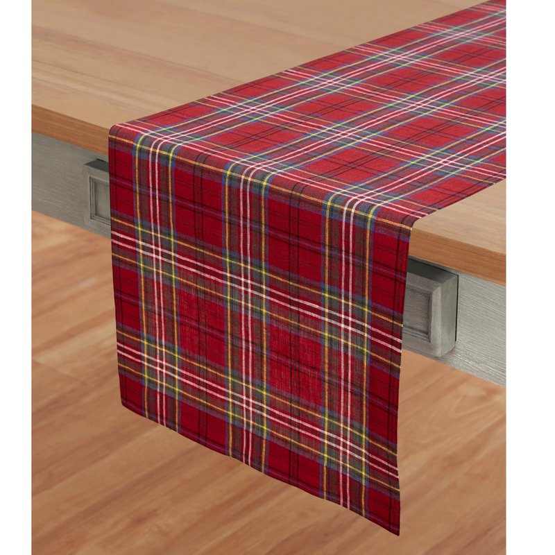 Solino Home Linen Table Runner 108 Inches Long - 100% Pure Linen Red Classic Tartan Plaid Table Runner 14 x 108 Inch for Dining