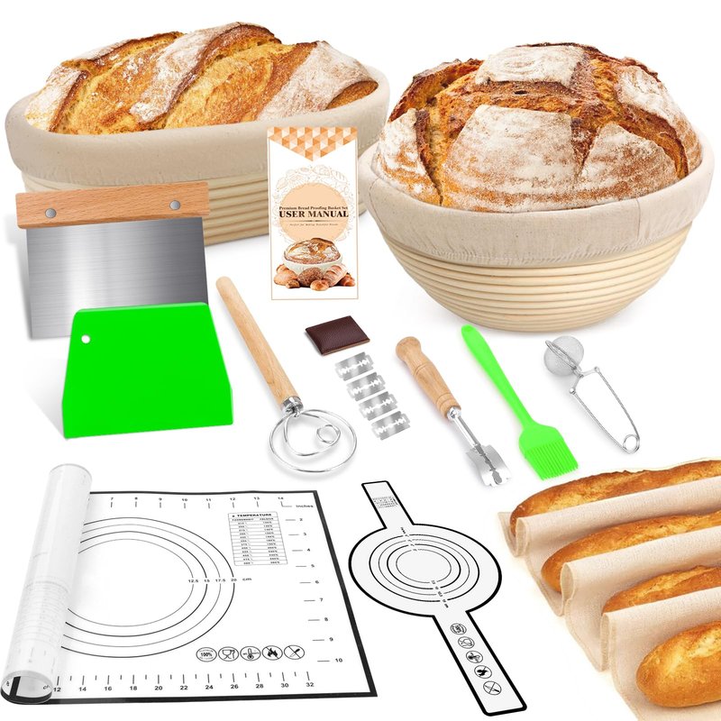 Large Sourdough Bread Baking Supplies, 10 Inch Round &12 Oval Banneton Bread Proofing Basket, Sourdough Starter Kit for Making Baking Fermentation