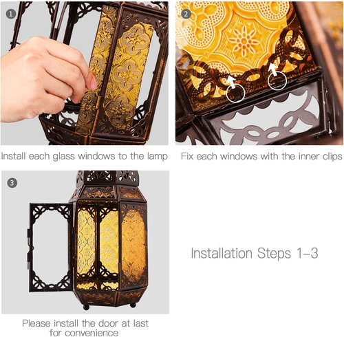 Lewondr Metal Glass Ramadan Candle Lantern - Moroccan Style Portable Hanging Lamp for Home & Garden - Copper & Yellow