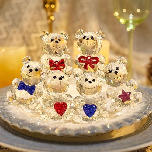 Crystal Bear Figurine Set by Skiennix - 6 Handcrafted Glass Animal Sculptures for Home Decor | 2.4” Tabletop Display