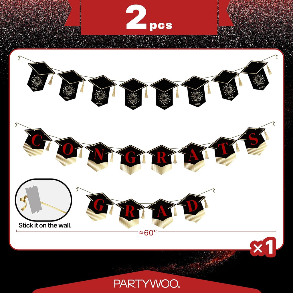 PartyWoo Graduation Banner - Class of 2026 Black and Red Decorations | 2-Piece Hanging Congrats Grad Supplies