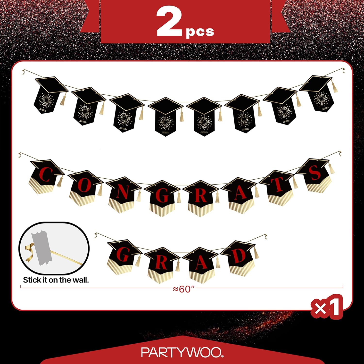 PartyWoo Graduation Banner - Class of 2026 Black and Red Decorations | 2-Piece Hanging Congrats Grad Supplies