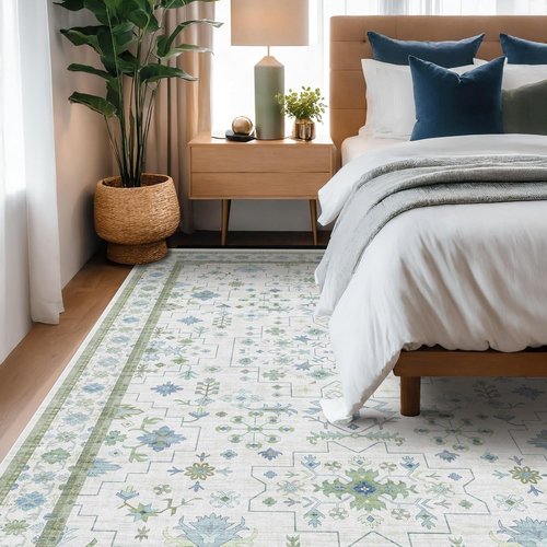 Hazo Haus Area Rug - Vintage Boho Floral Design in Blue & Green | 7x10 Washable Non-Slip Extra Large for Living Room & Bedroom