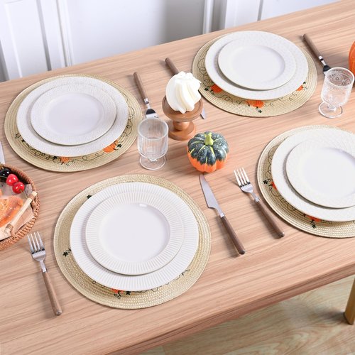 Feuille Round Fall Placemats Set of 4 PP Pumpkin Placemats for Dining Table Thanksgiving Harvest Placemats Perfect for Autumn Decorations