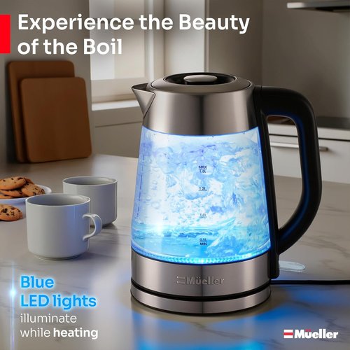 Mueller Rapid Boil Electric Tea Kettle 1.8L - BPA-Free Borosilicate Glass & Stainless Steel - Auto Shut-Off & LED Light