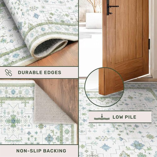 Hazo Haus Area Rug - Vintage Boho Floral Design in Blue & Green | 7x10 Washable Non-Slip Extra Large for Living Room & Bedroom