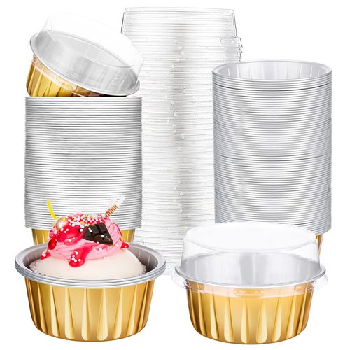 Gandeer 200 Pack Aluminum Foil Cupcake Liners with Lids, 5 oz Round Baking Cup,Disposable Tart Pie Ramekin Container for Ramadan, Easter, Wedding Party(Gold,Plain)
