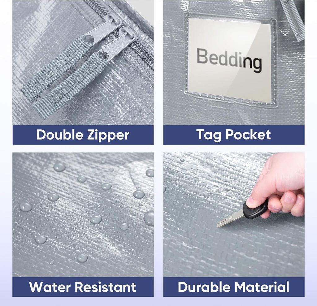 TICONN Extra Large Heavy-Duty Moving Bags - Durable Storage with Zippers & Handles | 2 Pack, Light Grey