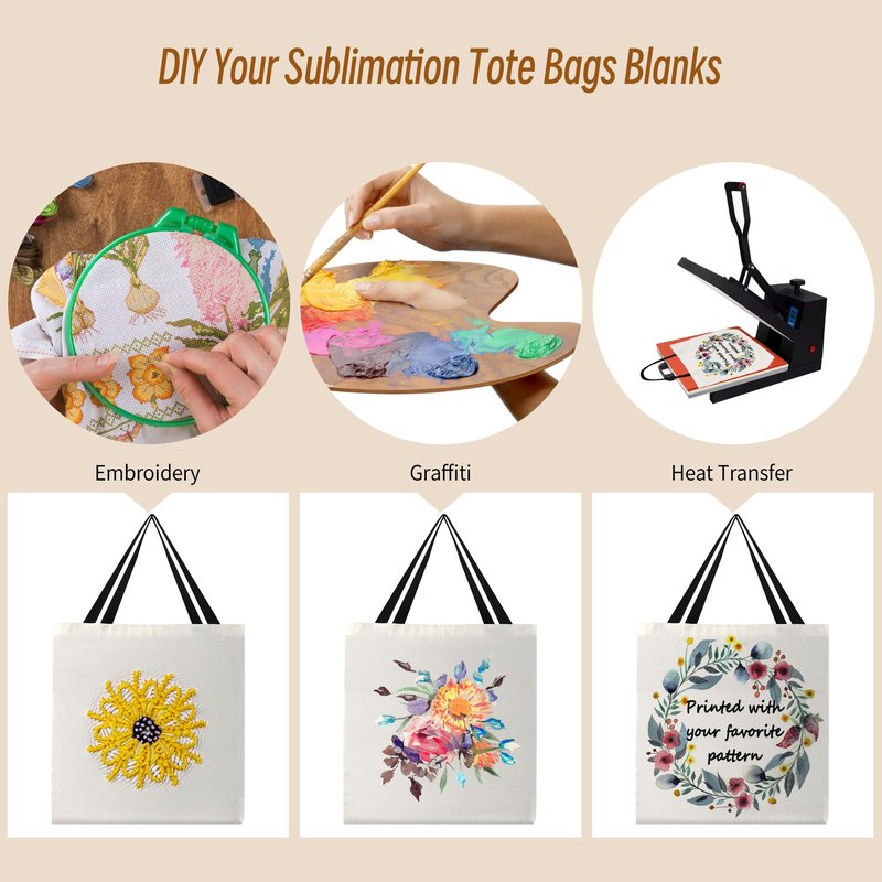 6pcs Sublimation Canvas Tote Bags - Blank Bulk Grocery Bags for Customization - White