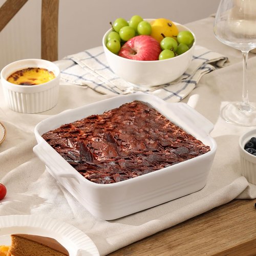 DOWAN 8x8 Ceramic Baking Dish - Versatile Square Casserole Pan with Handle, 2 Quart, White