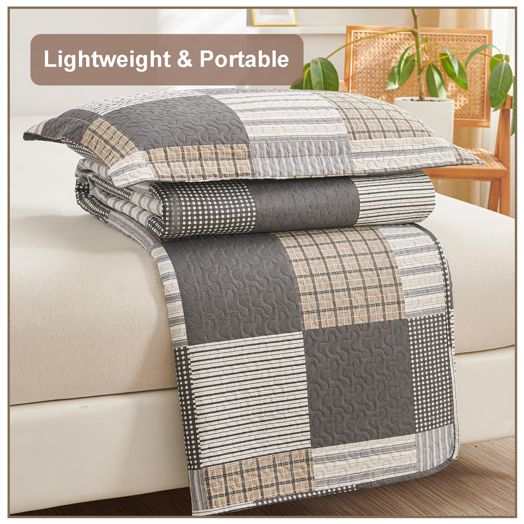 Brown Black Plaid Bedding Sets, 3 Pcs King Size Quilt Bedspread Checked Patchwork Print Coverlets Bedcover Reversible Bed Cover Country Bedroom Decor(96"x 108")