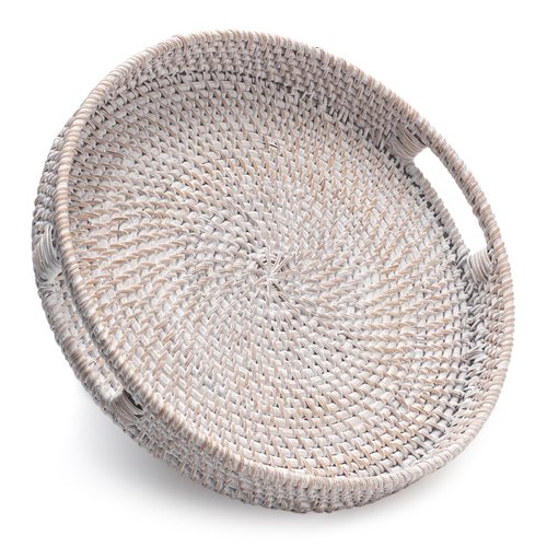 11.8 inch Round Rattan Tray, Decorative Coffee Table Trays, Ottoman Tray, Woven Serving Tray with Handles, Wicker Serving Basket, Whitewash