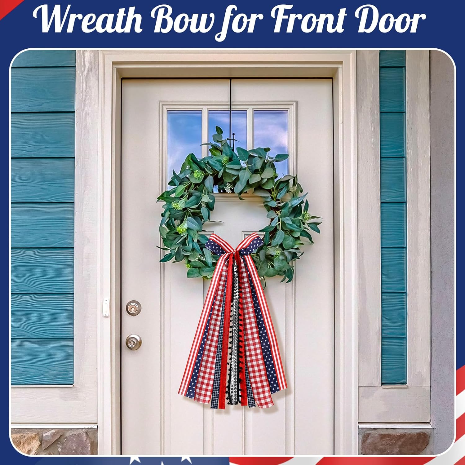 Riceshoot Patriotic 4th of July Wreath - Large Red, White & Blue Ribbon Bow for Indoor/Outdoor Decor