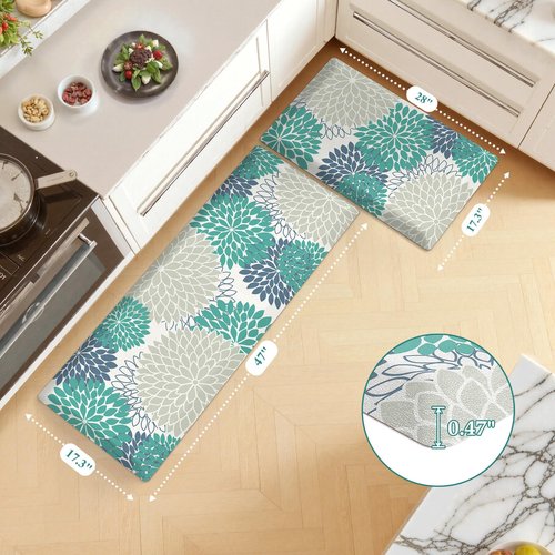 KIMODE Comfort Kitchen Mats for Floor Cushioned Anti Fatigue,Boho Floral Kitchen Rugs Sets of 2 Non Slip,Ergonomic Memory Foam Kitchen Mat for Laundry Sink Office Home,Blue/Green/White