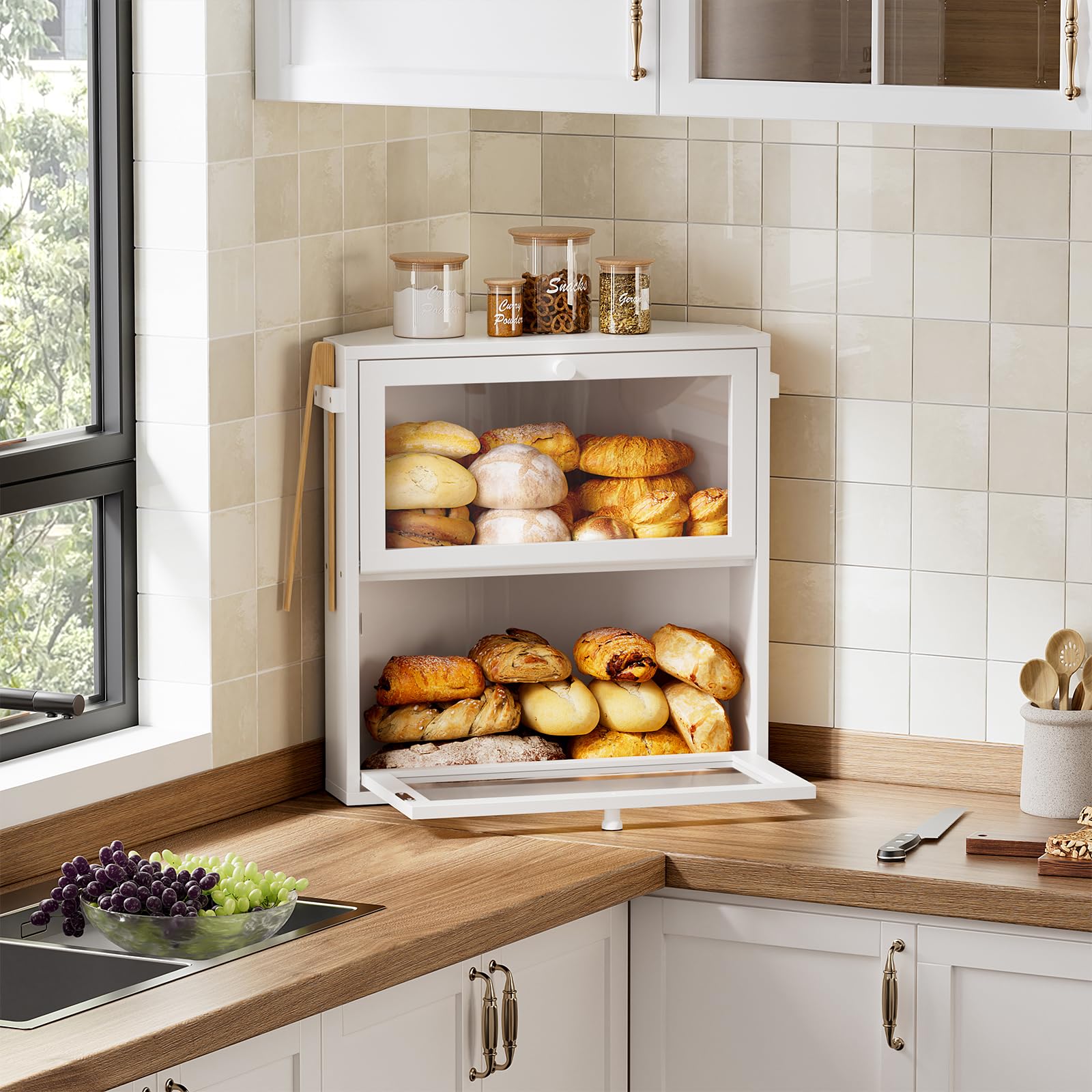 WOWLIVE Corner Bread Box for Kitchen Countertop, Large Double Layer Bread Storage Container for Homemade Bread, Black Bread Holder for Kitchen Counter, Under Cabinet Organizer (White, Extra Large)