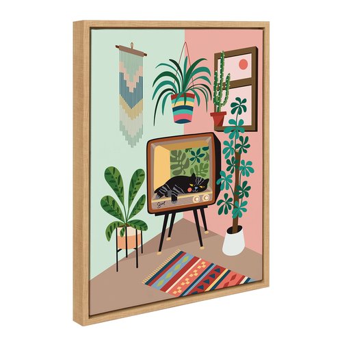 Kate and Laurel Sylvie TV Cat Bed Framed Canvas Wall Art by Rachel Lee of My Dream Wall, 18x24 Natural, Decorative Calming Midcentury Art Print for Wall