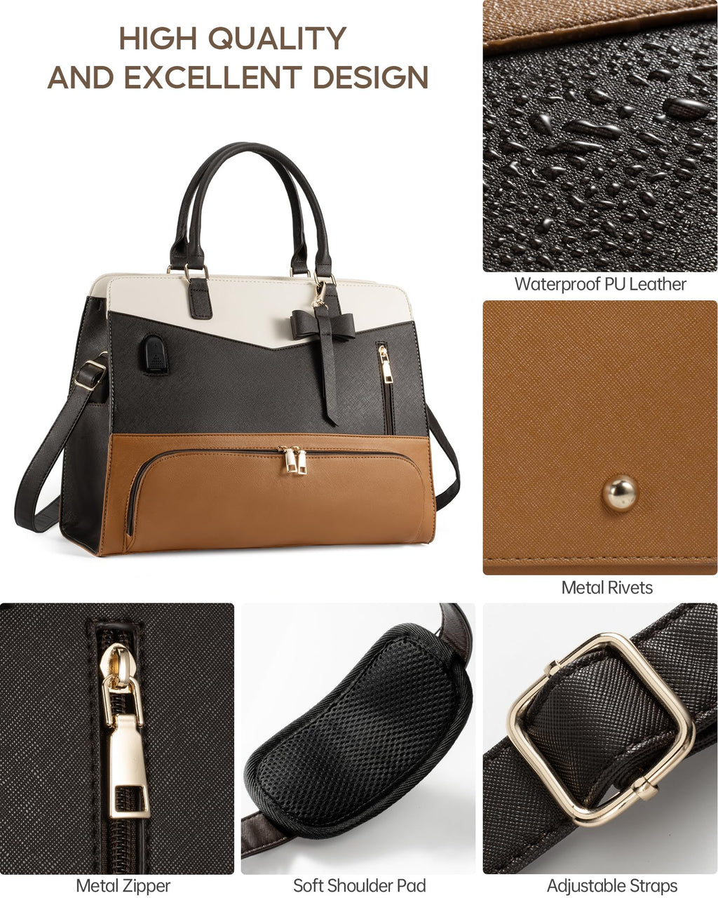 Tiostep Lunch Tote Bag for Women 2 in 1 Laptop Work Bag with Lunch Insulated Compartment and Purse Combo Waterproof PU Leather 15.6 Inch Computer Shoulder Bag for Daily, Office, Picnic. Mix Color