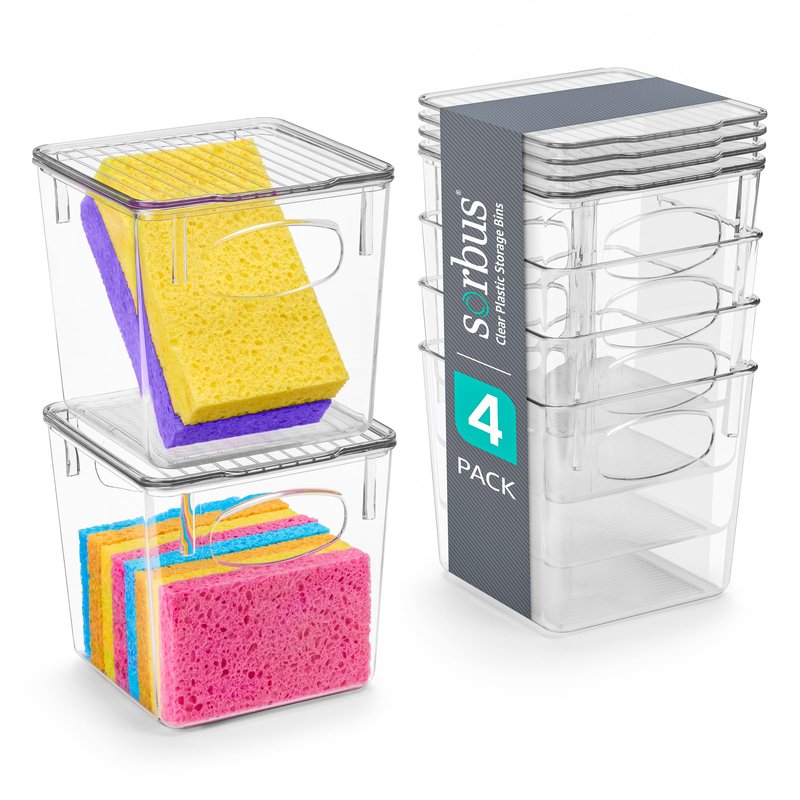 Sorbus Small Clear Plastic Storage Bins with Lids, Clear Stackable Storage Bins, Laundry Room Organizer Bins, Office, Classroom, Playroom, Bathroom, Laundry Room Organization and Storage (4 Pack)