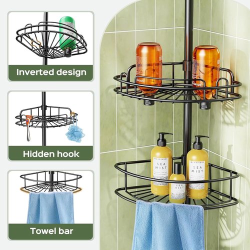 HAMITOR Corner Shower Caddy - 4-Tier Rust-Resistant Bathroom Organizer | Adjustable 47-121 Inch - No-Drill Installation, Space-Saving Black Shelves
