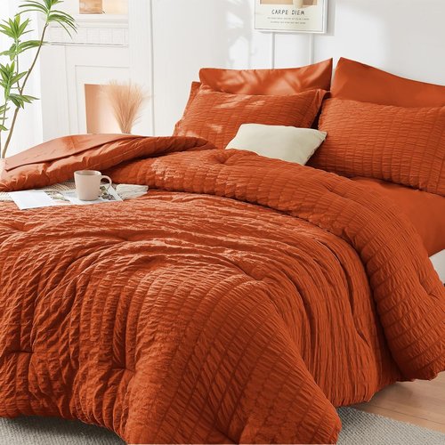 HYMOKEGE Twin Comforter Set - Burnt Orange Seersucker 5-Piece Luxury Bedding | All-Season Bed in a Bag