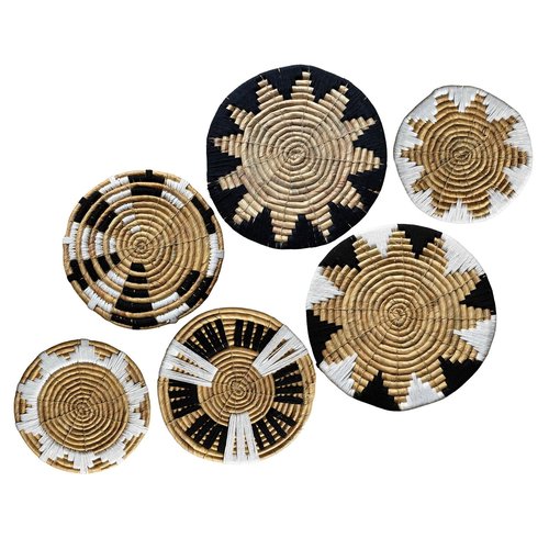 Laquedecraft Boho Wicker Rattan Plate Basket Set For Décor Hanging Wall | Large Woven Farmhouse Rustic Bohemian Art Baket Hangings For Decorative Home, Bedroom, Living Room, Kitchen, Bathroom (Art Deco, Natural, Set of 6)