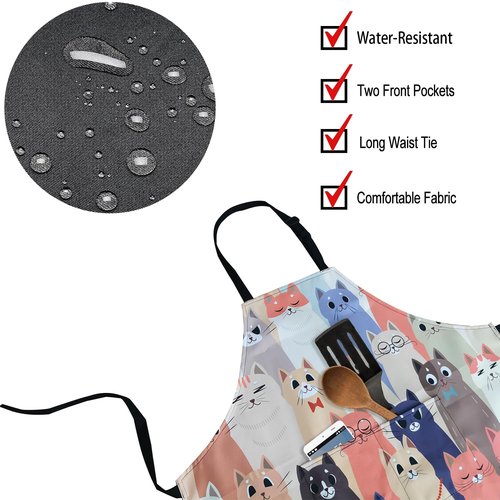 ZiQilin Adjustable Kitchen Apron with 2 Pockets, Waterproof Funny Cooking Chef Apron for Women Men, Gardening Baking Aprons, Grill BBQ Aprons Creative Gifts, Cute Animals Cat
