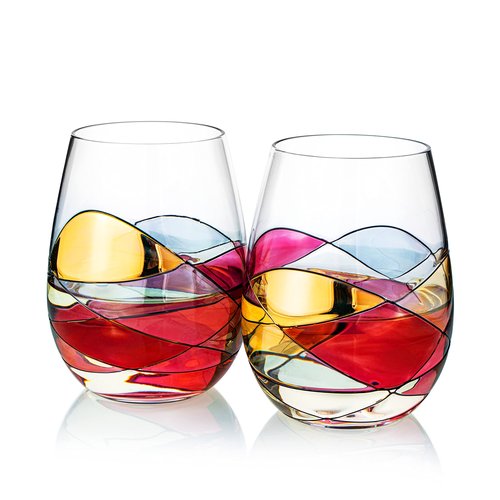 Artisanal Hand Painted Stemless Wine Glasses - Valentines Day Gift, Holiday Gifts for Her, Wife, Mom, Valentine, Renaissance Romantic Stain-glassed Windows, 2 Set - Gifts Idea Birthday, Housewarming