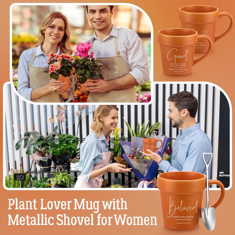 Reallnaive 12 Pcs Mother's Day Christian Gifts for Women 11oz Flowerpot Bible Verse Coffee Mugs with Shovel Spoons Bulk Religious Gifts for Mom Grandma Church Pastor Sunday School Teacher Team(Pray)