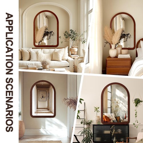 36"x24" Arched Bathroom Mirror, Wall Mounted Vanity Plush Flannel Frame Mirror for Bedroom, Entryway, Living Room, Dark Brown