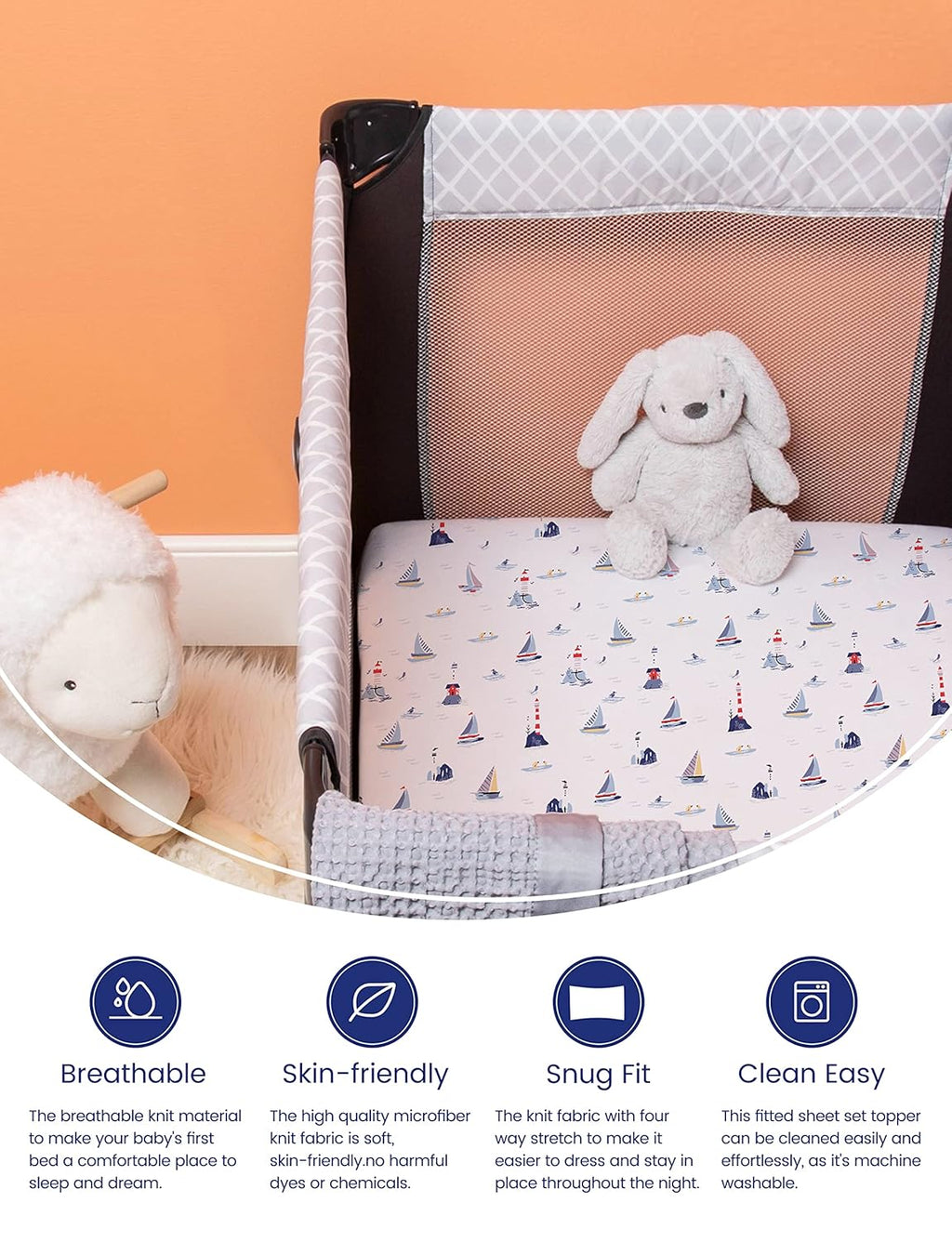 TotAha Premium Stretchy Pack N Play Playard Sheets - Hypoallergenic, Silky Soft Jersey-Knit (2-Pack, 38" x 24", Balloon & Sailboat)