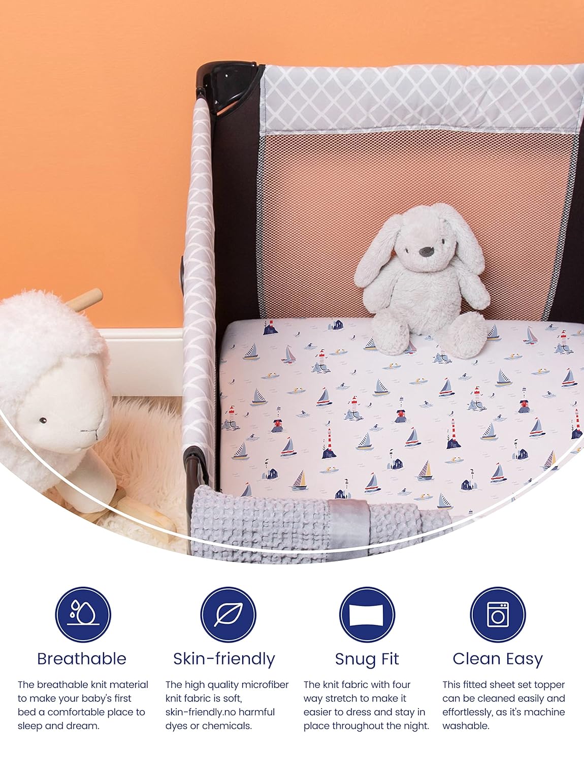 TotAha Premium Stretchy Pack N Play Playard Sheets - Hypoallergenic, Silky Soft Jersey-Knit (2-Pack, 38" x 24", Balloon & Sailboat)