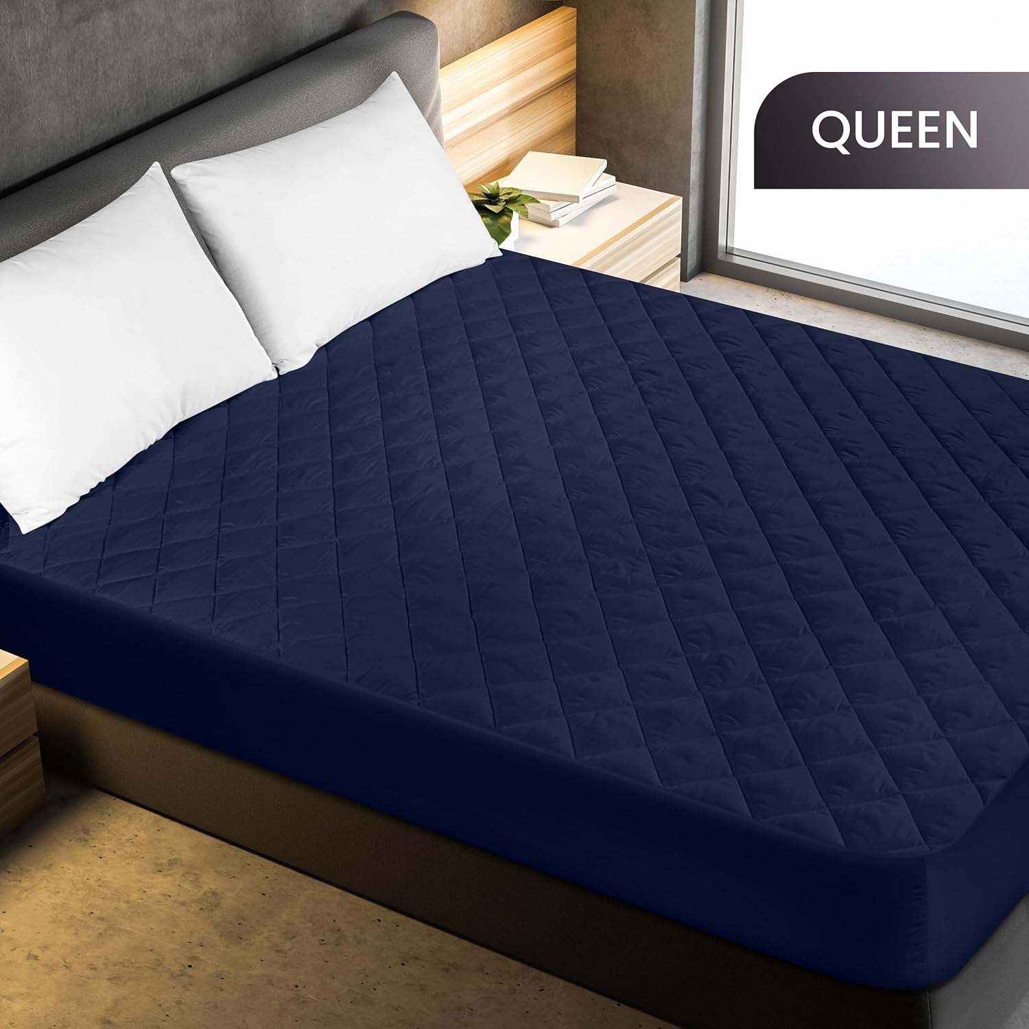 Utopia Bedding Quilted Fitted Mattress Pad - Queen Size Deep Pocket Protector | Navy, Machine Washable