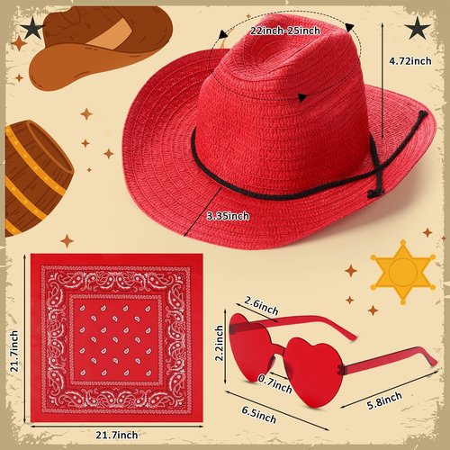 Chicingyou 12 Pieces Straw Cowboy Hats with Bandanas and Glasses, Costume Hat Accessories for Birthday Western Theme Party Supplies