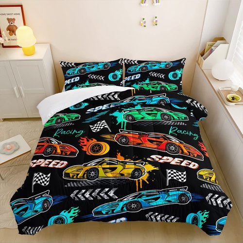 Hosima Child's Cartoon Sports Car 3Piece Set with 2 Pillowcases, Racing Car Bedding for Boys and Girls, Fast and Furious Extreme Sport Games Comforter, Black Comforter Full Size