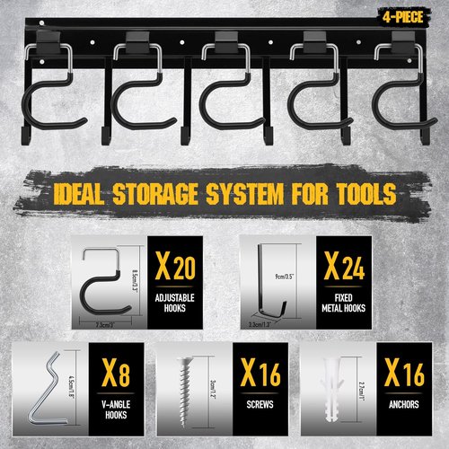 ELEAD 68'' All Metal Garden Tool Organizer - Adjustable Wall Mount with Black Hooks for Garage Storage