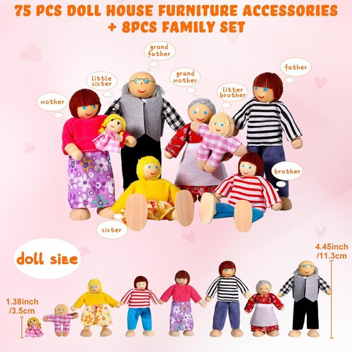 HyDren Wooden Dollhouse Furniture Set - 83 Pcs with 8 Flexible Dolls for 5 Rooms | Perfect Gift for Toddlers