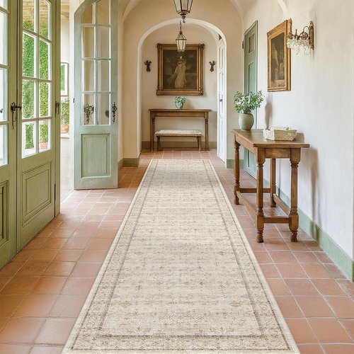 Beige Floral Hallway Runner Rug - 3x12 Washable, Non-Slip, Low-Pile Vintage Oriental Carpet