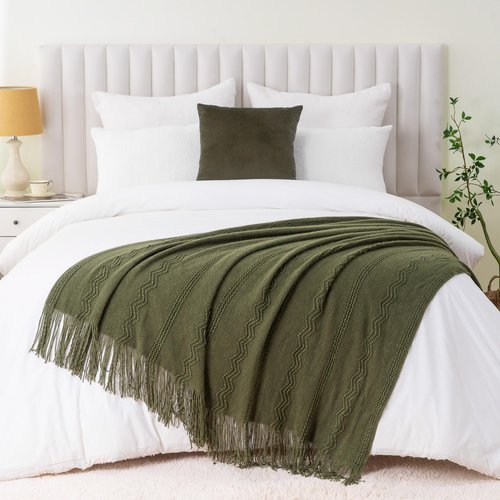 BATTILO HOME Olive Green Throw Blanket for Couch, Soft Army Green Blanket with Tassels for Home Decor, Decorative Knitted Throws for Couch Cover, 50"x60"