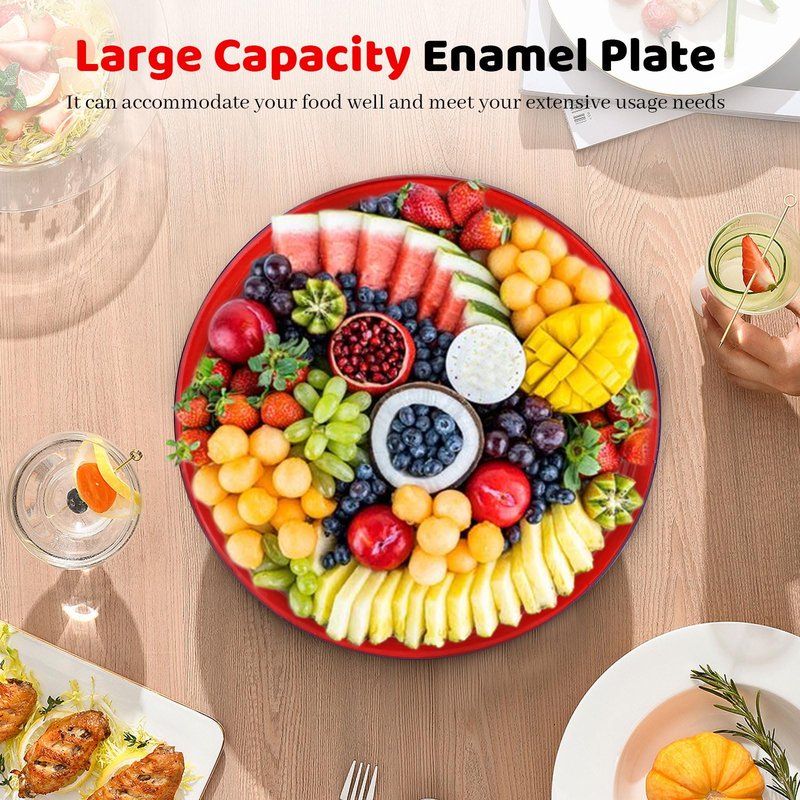 SNOMEL 2 Pcs Enamel 11.7 In Serving Platters and Trays, Large Serving Dishes for Entertaining Chinese Vintage Style, Round Turkey Platters for Food Party Thanksgiving Snack Dessert Meat